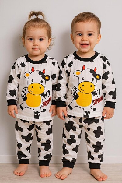 Bilge Trend KIZ ERKEK BEBEK ÇOCUK İNEK DESENLİ %100 PAMUKLU PENYE PİJAMA TAKIMI
