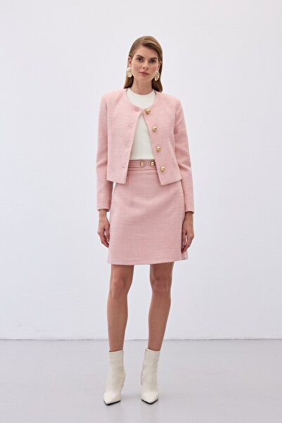 Sateen Міні-спідниця з твіту з ґудзиками - пудровий