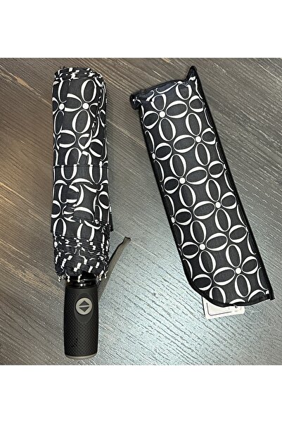 Sarıkaya Kadın Kompakt Otomatik Şemsiye – 108 cm, Kılıflı, Siyah Geometrik