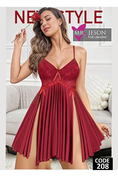 TREN Elegant Pleated Babydoll Nightgown Lace Bodice Ribbon Detail Satin Sleepwear Side Slit Lingerie