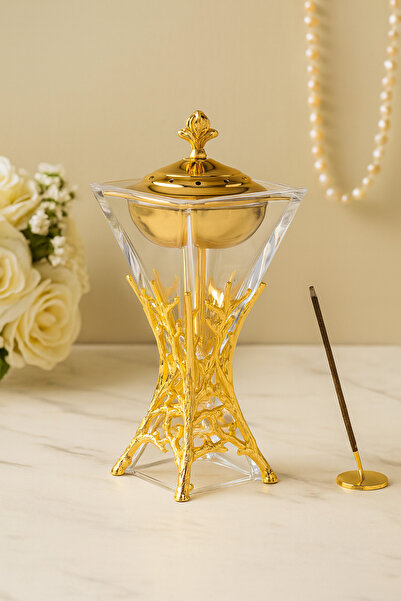 Dania مبخرة معدن لون ذهبي مع غطاء ديكور كريستال
