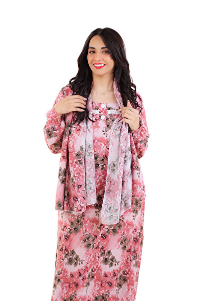 amaan Women's Modern Floral Print Rayon Abu Tarha Jalabiya, Long Sleeve, elastic cuff with Headscarf.