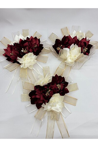 GÜRLEK TEKSTİL Bordo Tomurcuklu Gelin ve Damat Bohçası Için Motifli Çiçek 3 A...