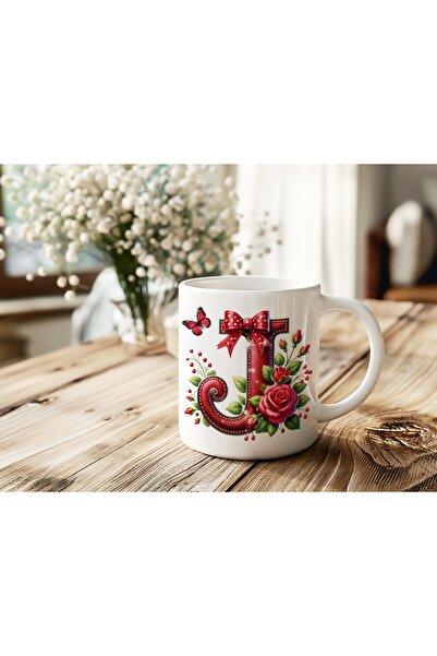 Beramussa كوب حرف J بتصميم الوردة اللامعة – كوب قهوة وشاي بنمط فيونكة حمراء و...