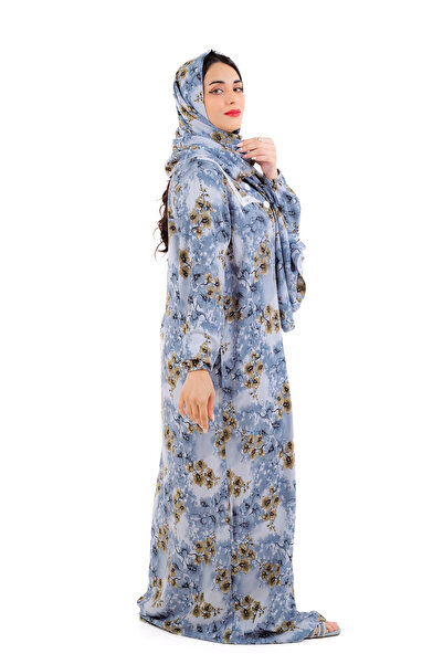amaan Women's Modern Floral Print Rayon Abu Tarha Jalabiya, Long Sleeve, elastic cuff with Headscarf.