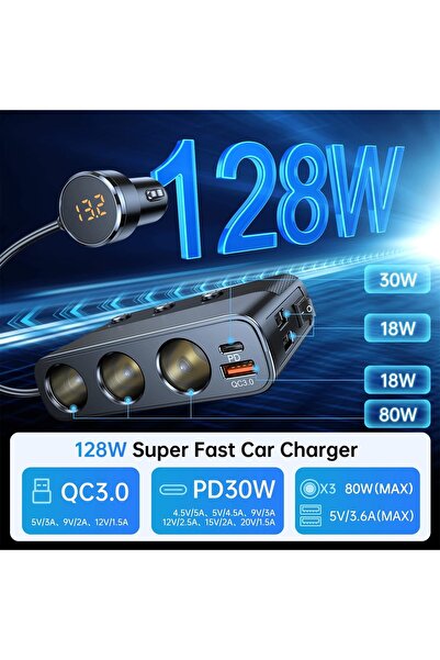 Timebox adaptor priză, încărcător auto 7 în 1 multiplicator 128W, 3x priză auto, 3 x USB, Q,C 3.0, 1 x USB-C, vol