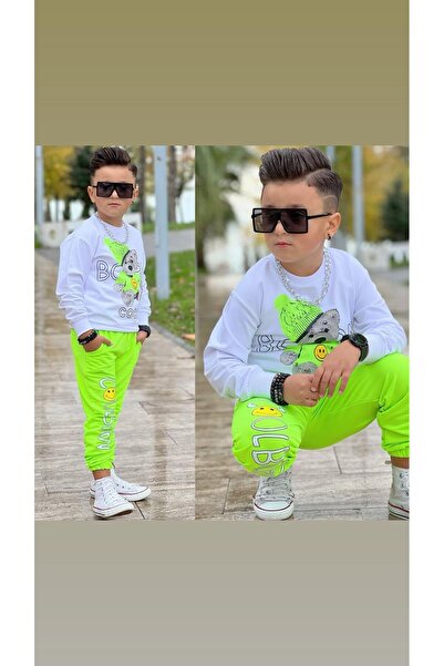 ALARAÇOCUKKIDS Unisex Ayıcıklı Neon Yeşili Eşofman Takımı