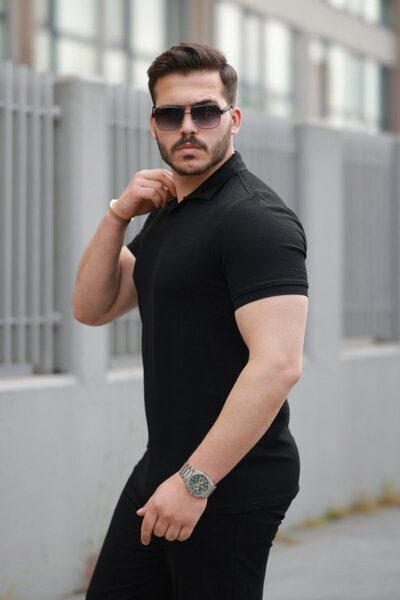 Wear Up Ανδρικό μπλουζάκι με κοντό μανίκι με υφή βάφλα - L - Μαύρο