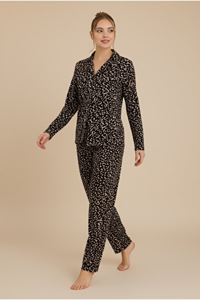Bravie Luxury Soft Black Leopard Print Long Sleeve Women's Pajama Set – 3058