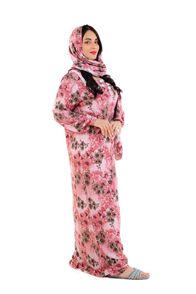 amaan Women's Modern Floral Print Rayon Abu Tarha Jalabiya, Long Sleeve, elastic cuff with Headscarf.