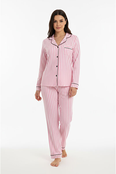 Bravie Luxury Soft Pembe Çizgili Uzun Kollu Kadın Pijama Takımı – 3052