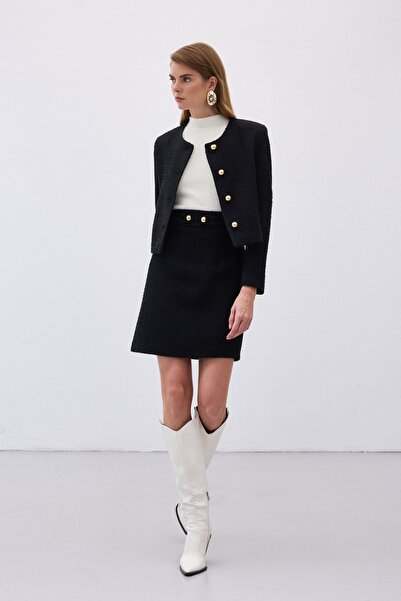 Sateen Fusta mini din tweed cu detaliu cu nasturi - Negru