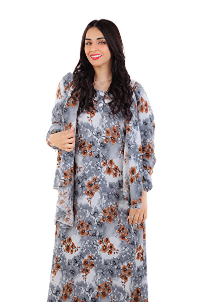 amaan Women's Modern Floral Print Rayon Abu Tarha Jalabiya, Long Sleeve, elastic cuff with Headscarf.