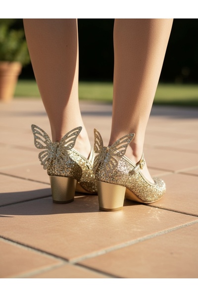 JOJO KIDS Girl's butterfly thick heeled shoes, velcro evening shoes, velcro butterfly