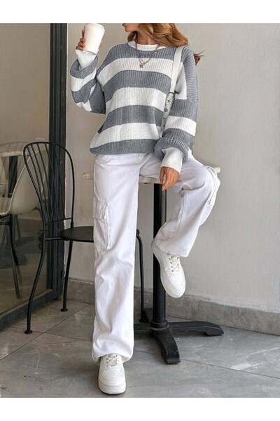 Dier Moda Kadın Bisiklet Yaka Çizgili Oversize Triko Kazak Fmoda602