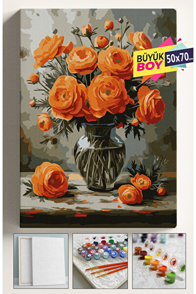 Genel Markalar Sayılarla Boyama Seti Numaralı Tuval Fırça Boya Dahil Kasnaklı Set 50x70 Cm - TURUNCU GÜLLER