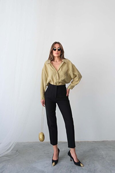 Hatun Atila High Waist Straight Cut Double Breasted Detailed Fabric Trousers 4613 - Black