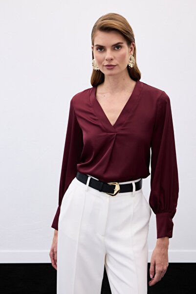 Sateen Блуза V Yaka Saten - бордова