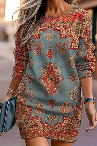 Viyamo Women's Long Sleeve Round Neck Ethnic Print Mini Modal Dress