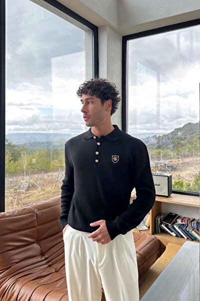 Flaw Wear Εμβληματογραφία Πλεκτό πουλόβερ με λαιμόκοψη πόλο μαύρο