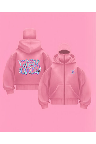 Gofeel Unisex Oversize Pembe Cash Only Baskılı Maskeli Hoodie
