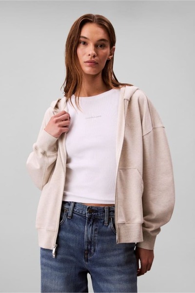 Calvin Klein Kadın Regular Fit Fermuarlı Kapüşonlu Sweatshirt - Bej