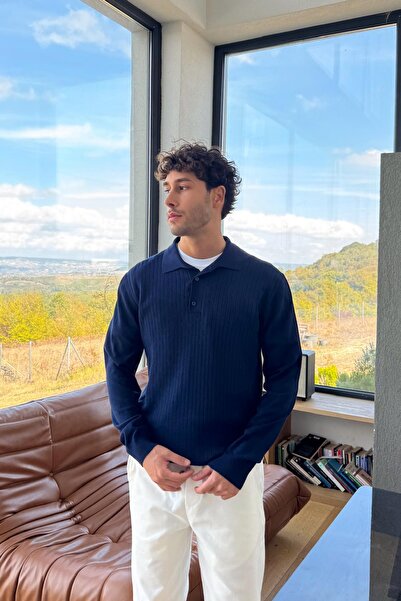 Flaw Wear Pulover tricotat subțire cu guler polo bleumarin