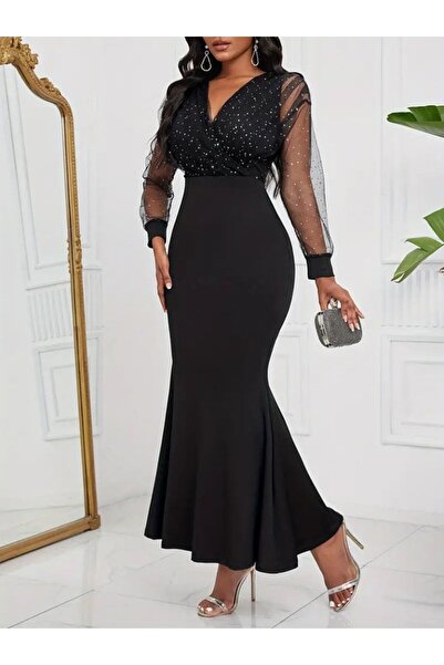 Modayakamoz Yeni Sezon Kadın Uzun Kruvaze Yaka Abiye Elbise Taş ve Tül Detaylı Krep Kumaş