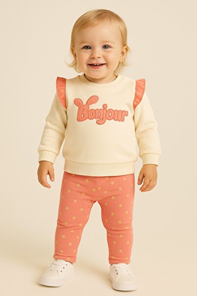 dinamik çocuk طقم بناتي مكون من قطعتين مطرزتين من بونجور، سويت شيرت بتفاصيل ك...
