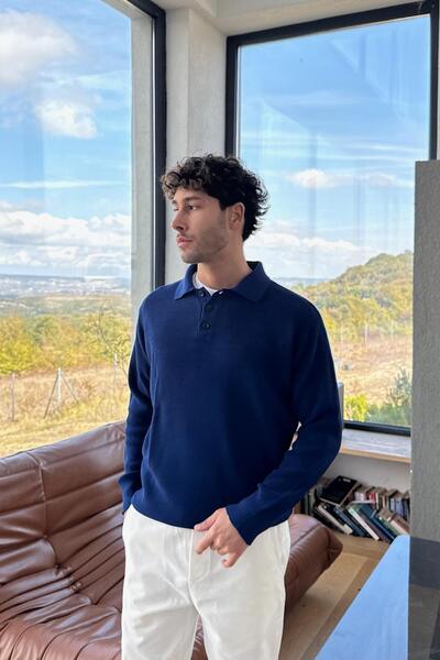 Flaw Wear Pulover tricotat cu guler polo cu nasturi, albastru închis