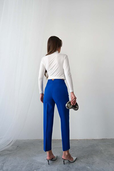 Hatun Atila High Waist Straight Cut Double Breasted Detailed Fabric Trousers 4613 - Blue
