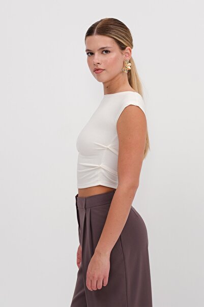 ModaLavida Lavida Külah Kol Yan Büzgülü Kayık Yaka Kadın Crop