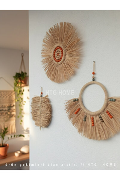 HTG HOME 3 lü SET Rafya Duvar Süsü, Bohem Duvar Süsü, Hasır Duvar Süsü, Balko...
