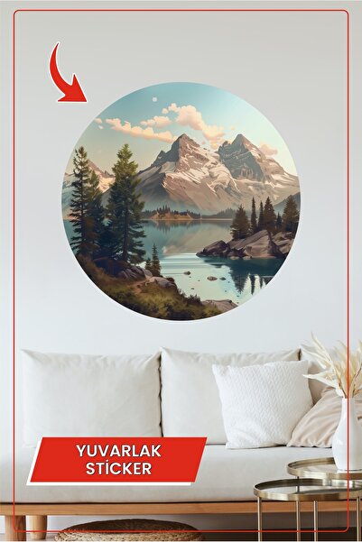 KOSS Dijital Autocolant rotund cu vedere la munte și lac, cu detaliu de pădur...