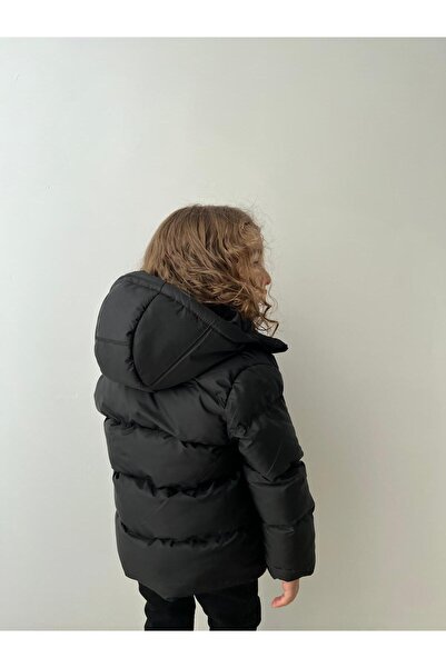 LEONE GYM Plush Inside Fixed Hooded Black Baby and Children's Coat