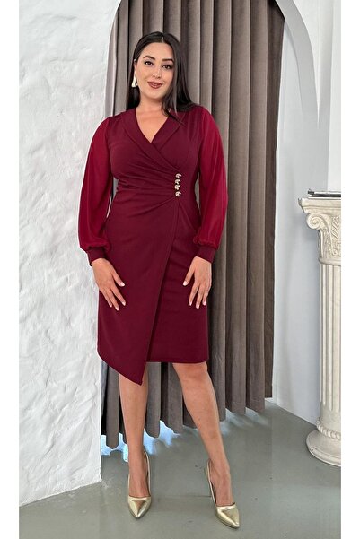 Butik Nilyam Women's Plus Size Double Breasted Collar Long Sleeve Button Brooch Detail Asymmetrical Cut Midi Stretchy Evening Dress 25042