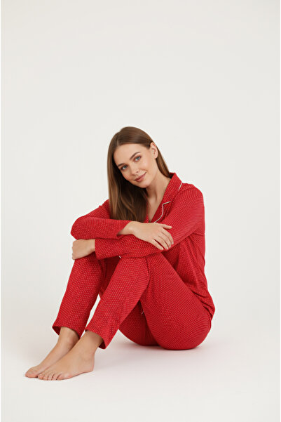 Bravie Luxury Viscose Red Polka Dot Patterned Women's Long Sleeve Plus Size Pajama Set – 42517