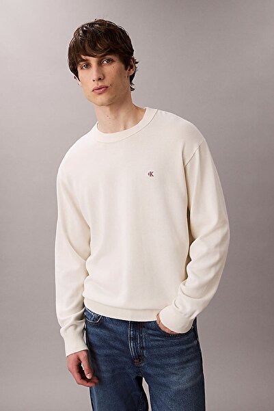Calvin Klein Erkek Relaxed Fit Monogram Nakışlı Bisiklet Yaka Kazak - Krem