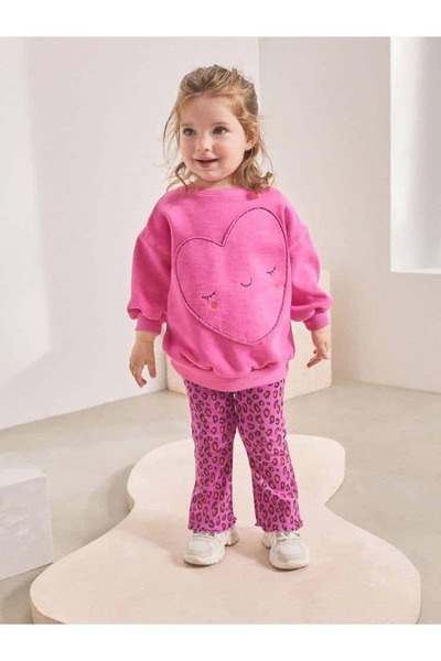 Pinkitokids Heart Detail Sweatshirt and Leopard Print Leggings Set