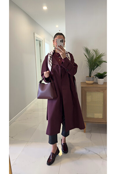 BİRCANÇİL Anastas Bordo Fularlı Uzun Premium Trençkot