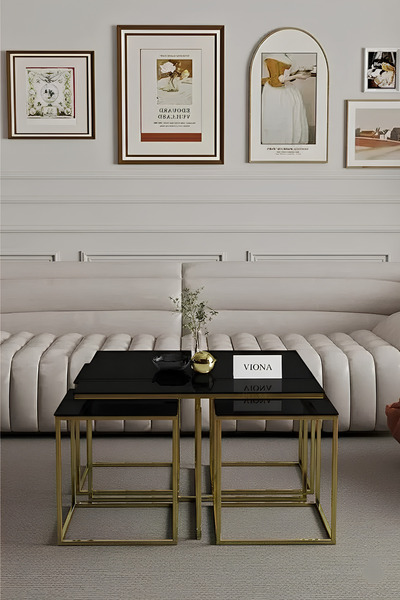 VIONA HOME Combot 5'li Gold Kaplama Siyah Aynalı Orta Sehpa & Zigon Sehpa & Yan Sehpa