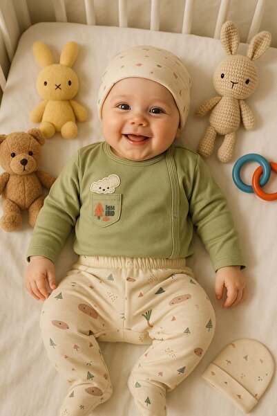 mini mia 100% Cotton Elephant Baby Set of 3 – Long Sleeve Top with Gloves, Bottoms with Booties, and Hat