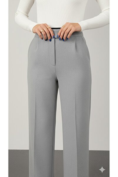 İpli Women's Gray Palazzo Pants High Waist, Pockets, Velcro Closure