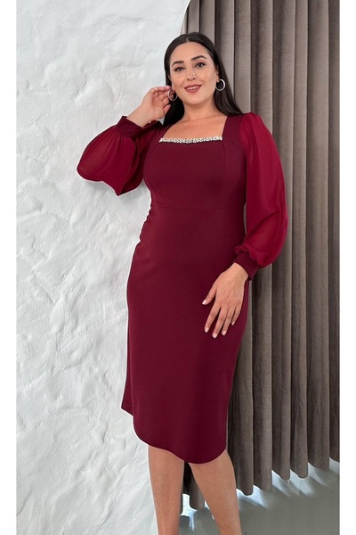 Butik Nilyam Women's Plus Size Square Neck Stone Embroidered Chiffon Sleeve Midi Stretchy Evening Dress 25041