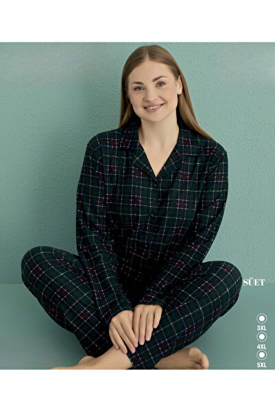 İpek Women's Long Sleeve Plus Size Front Buttoned Suede Pajama Set