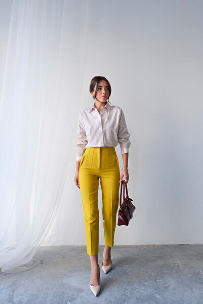 Hatun Atila High Waist Straight Cut Double Breasted Detailed Fabric Trousers 4613 - Yellow