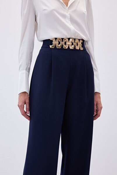 Sateen Kemerli Salaş Pantolon - Lacivert