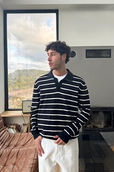 Flaw Wear Çizgili V Yaka Triko Kazak Lacivert