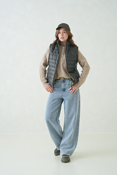 QAWWA Kadın Haki Şişme Yelek Su & Rüzgar Geçirmez Regular Fit Yelek