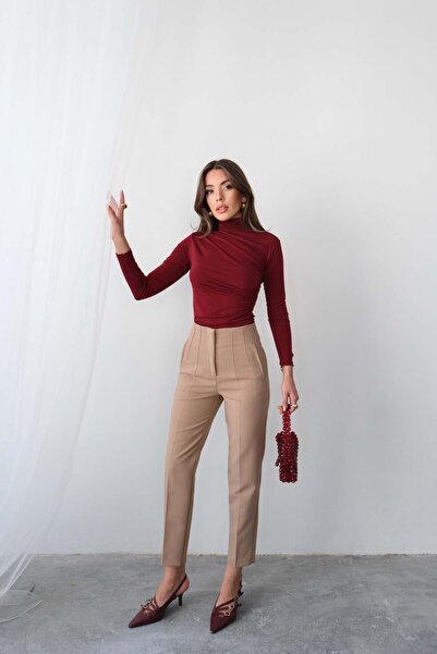 Hatun Atila High Waist Straight Cut Double Breasted Detailed Fabric Trousers 4613 - Beige